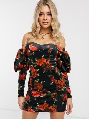 ASOS Design Off The Shoulder Floral Bonded Velvet Romantic Whimsygoth Mini Dress